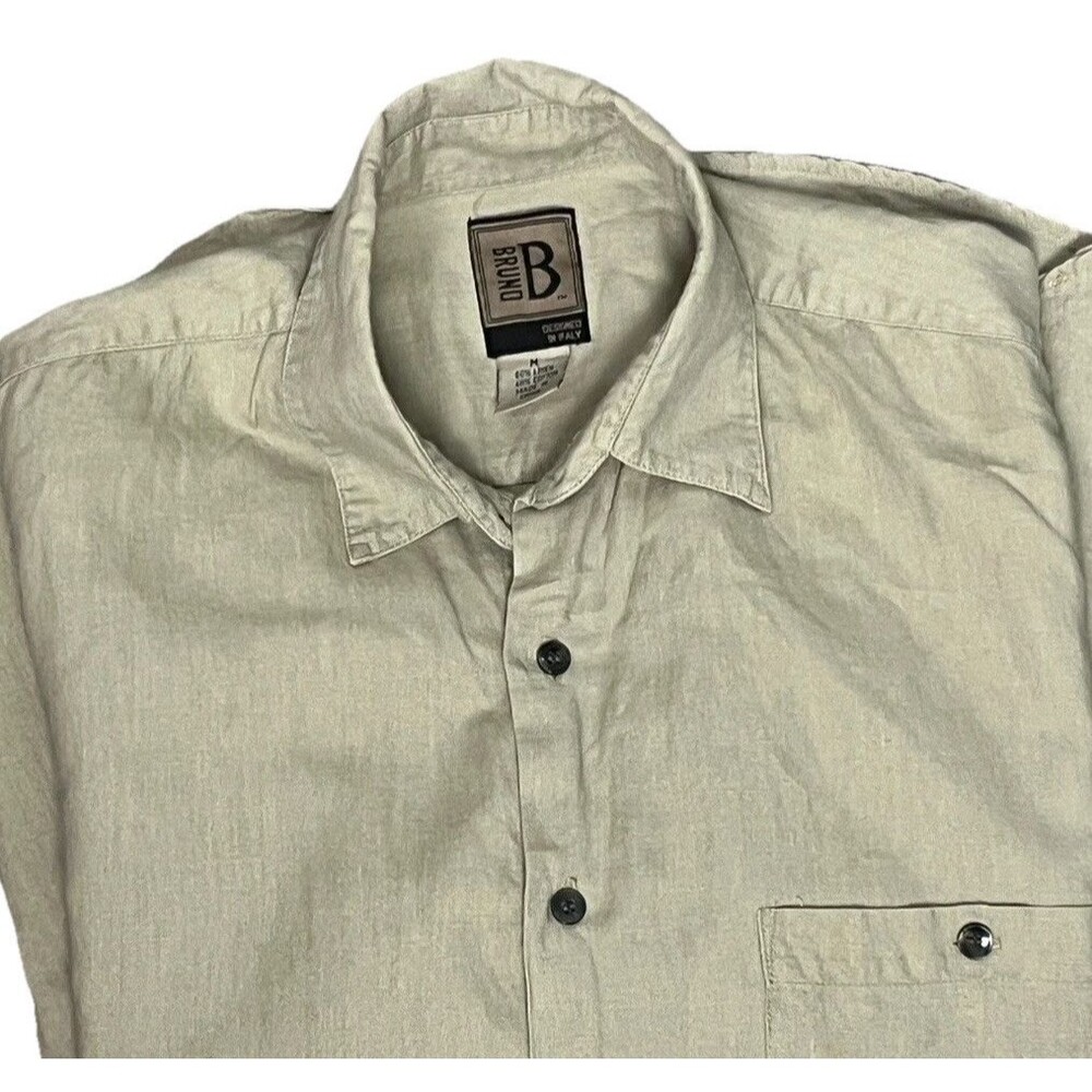 Bruno Italy Shirt Linen Cotton Vintage 90s Short Sleeve Button Up Tan Men Medium